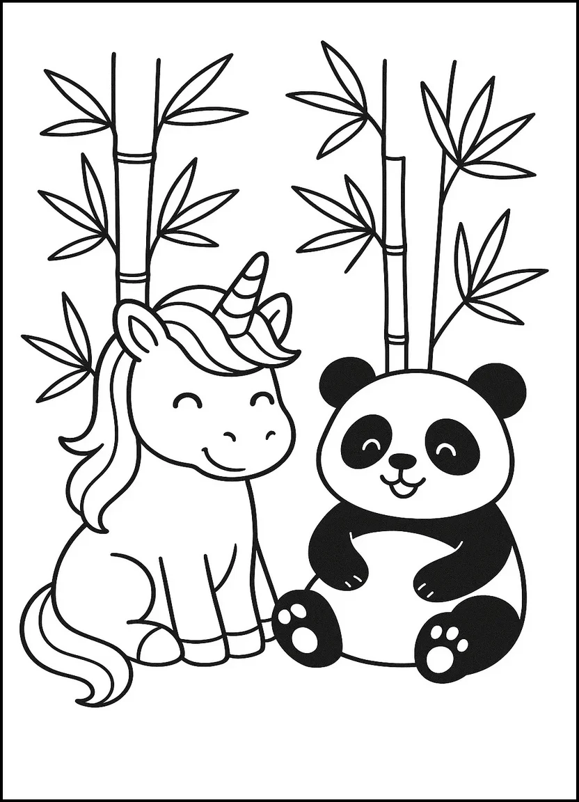Unicorn and panda coloring page