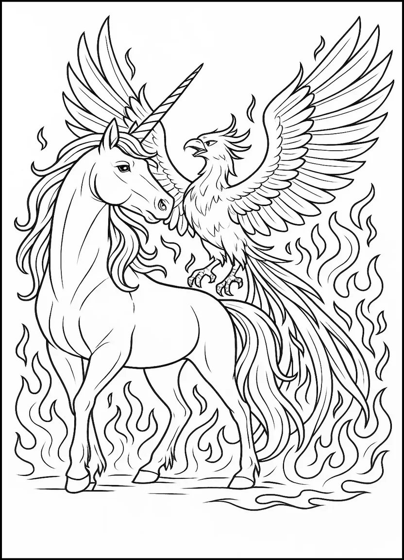 Unicorn and phoenix coloring page