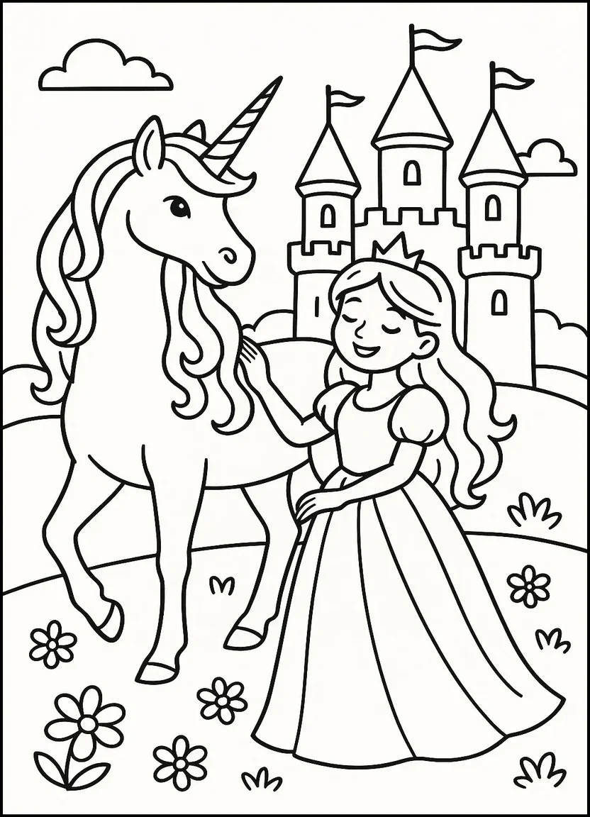 Unicorn and princess in castle garden coloring page