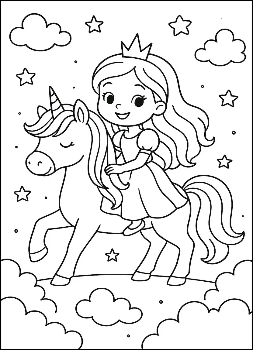 Unicorn and princess riding together coloring page