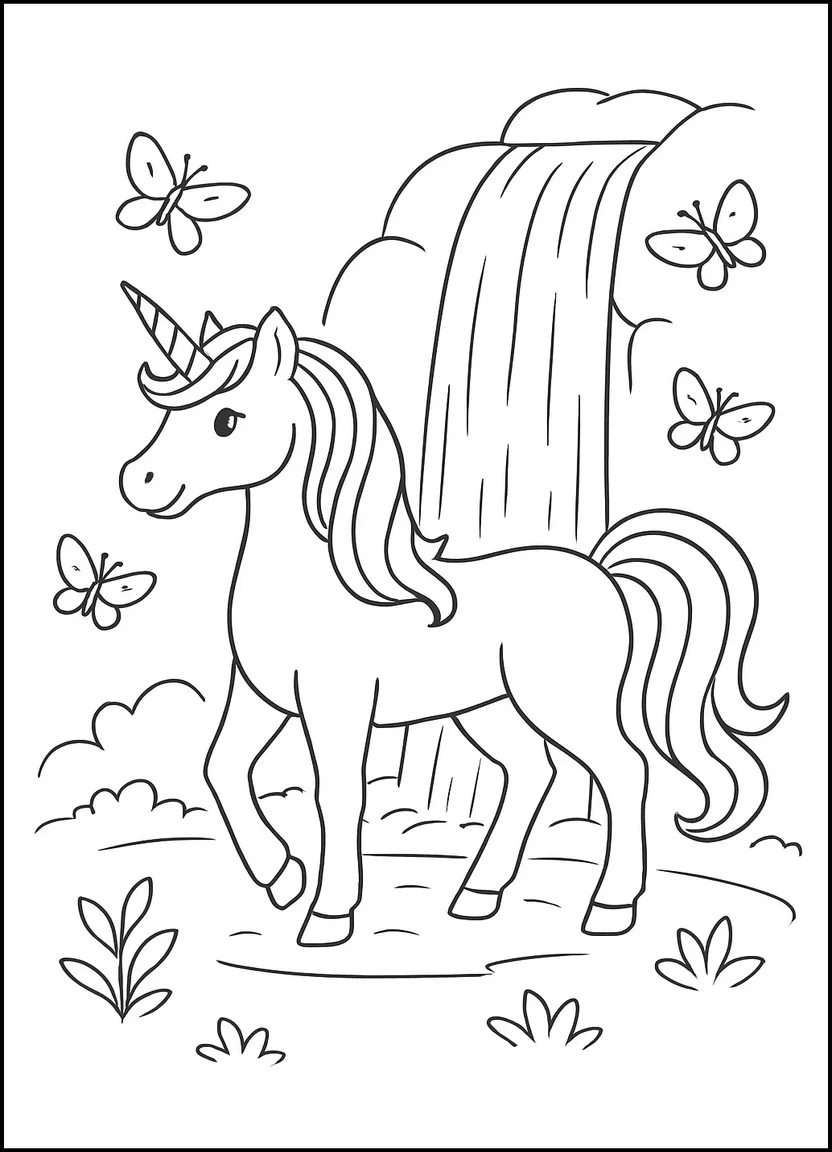 Unicorn at waterfall coloring page