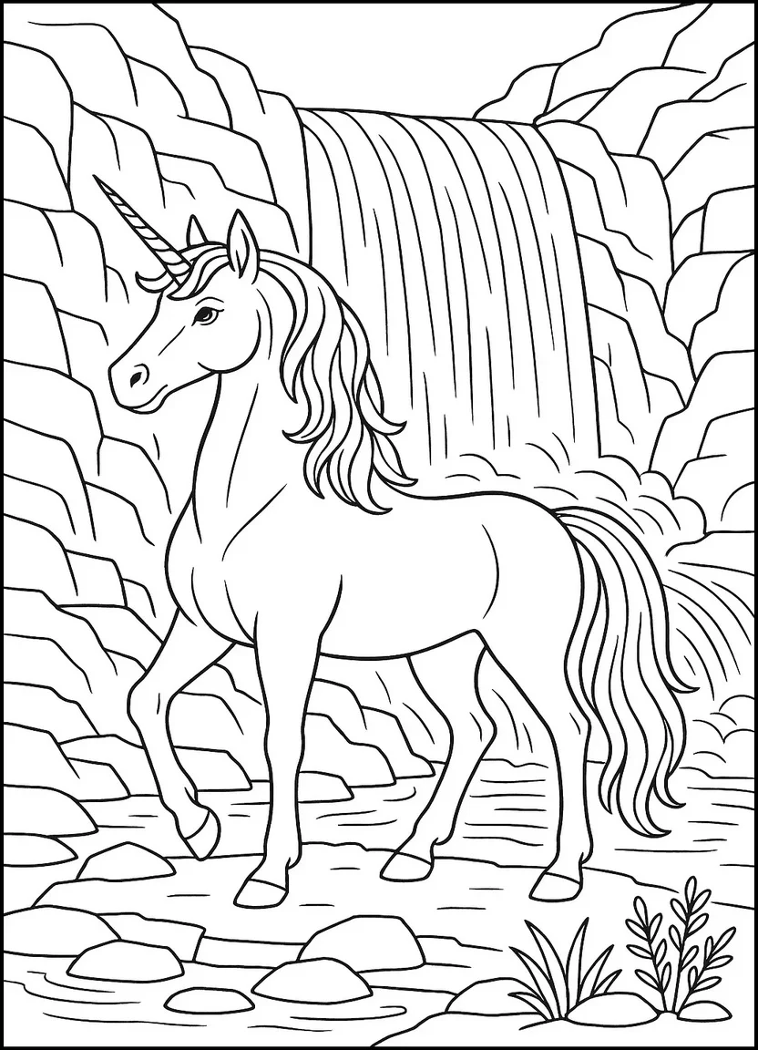 Unicorn by waterfall coloring page