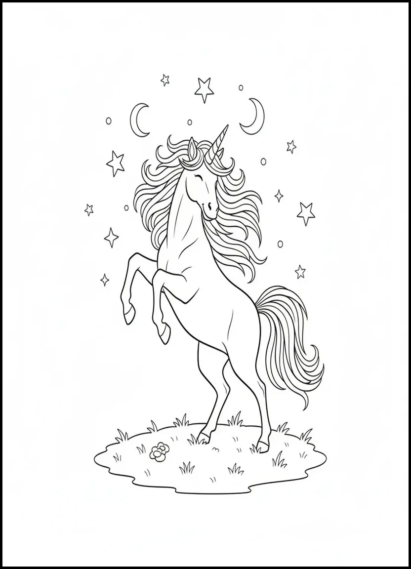 Unicorn dancing under stars coloring page