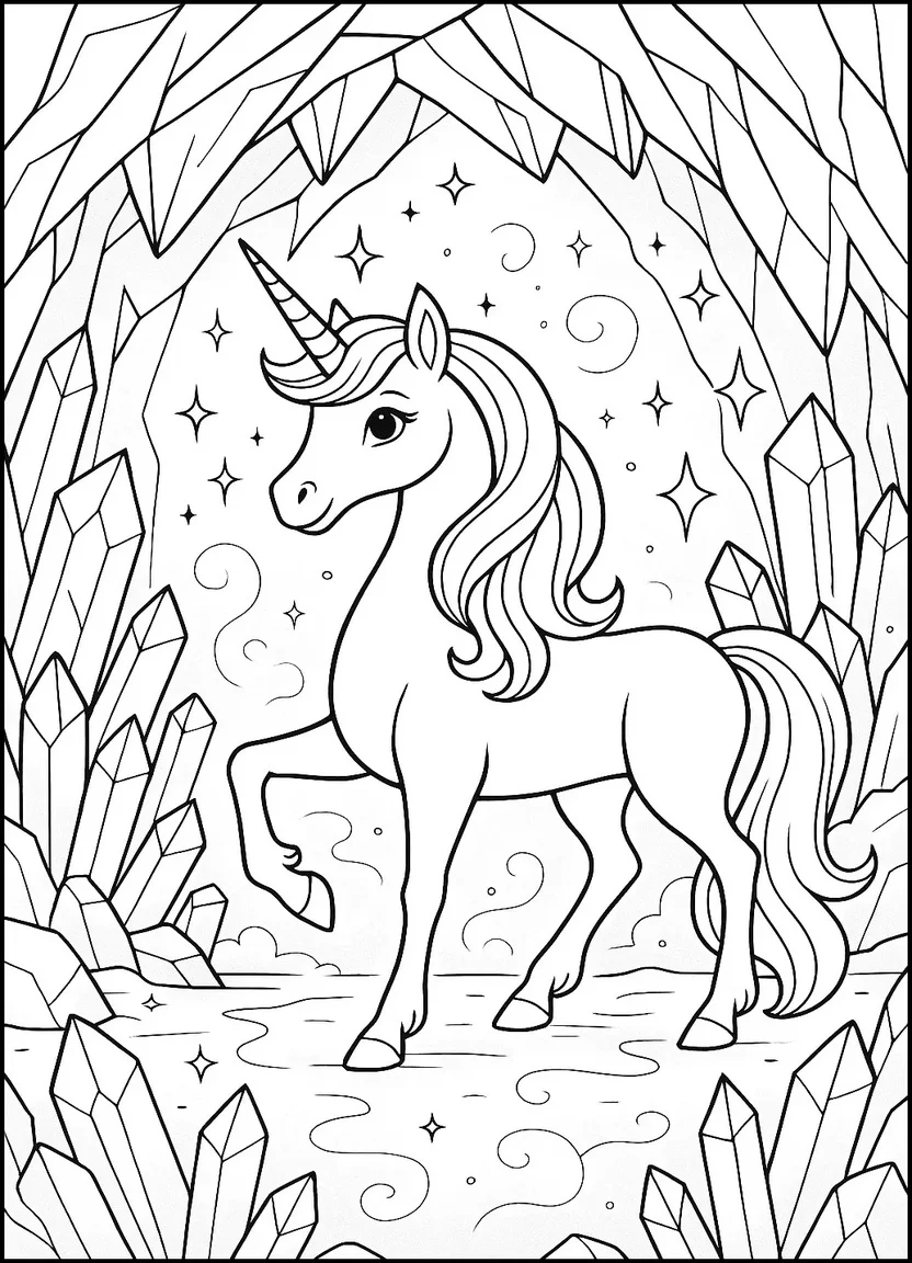Unicorn exploring a glowing crystal cave coloring page