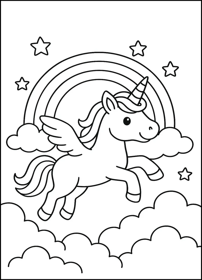 Unicorn flying with rainbow coloring page