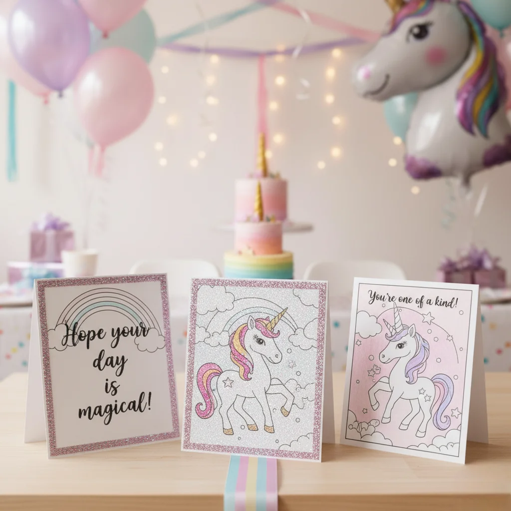 Unicorn greeting cards crafted from coloring pages