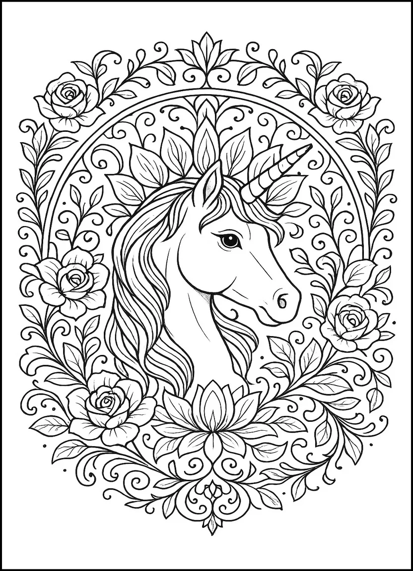 Unicorn head with intricate floral mandala frame for adult coloring