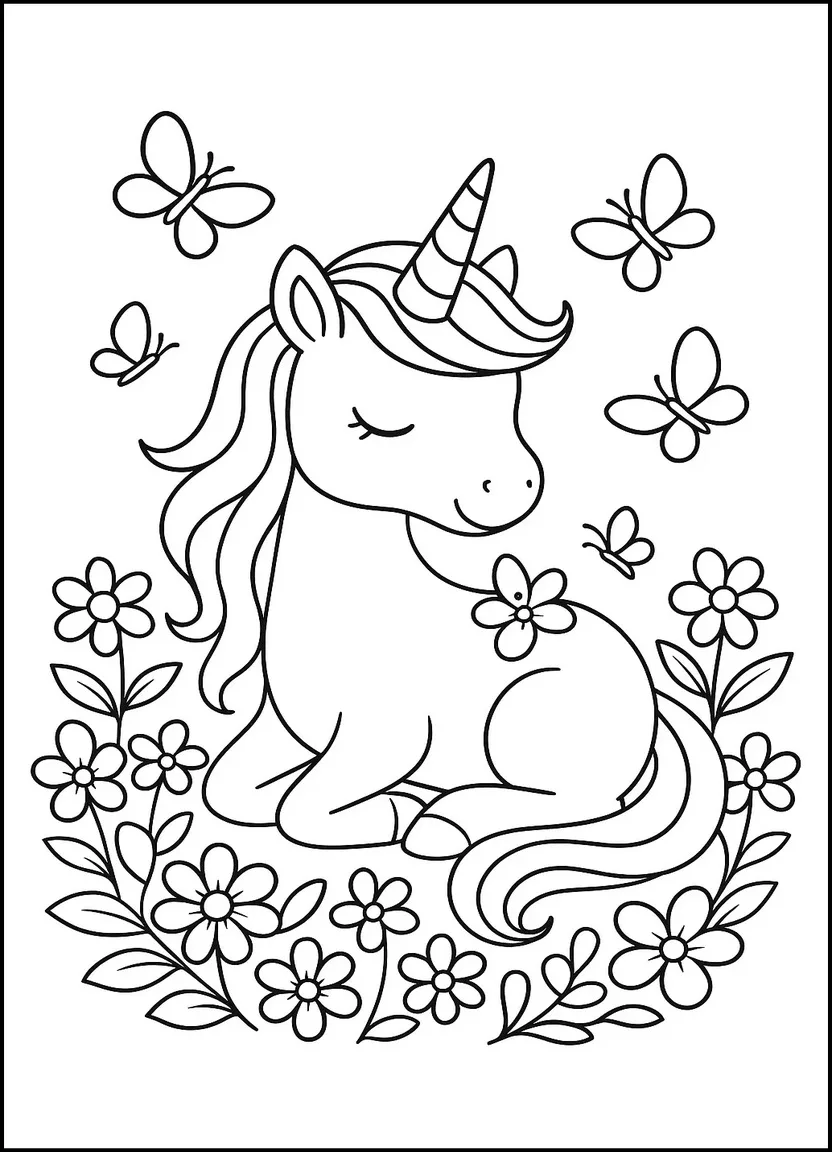 Unicorn in butterfly garden coloring page