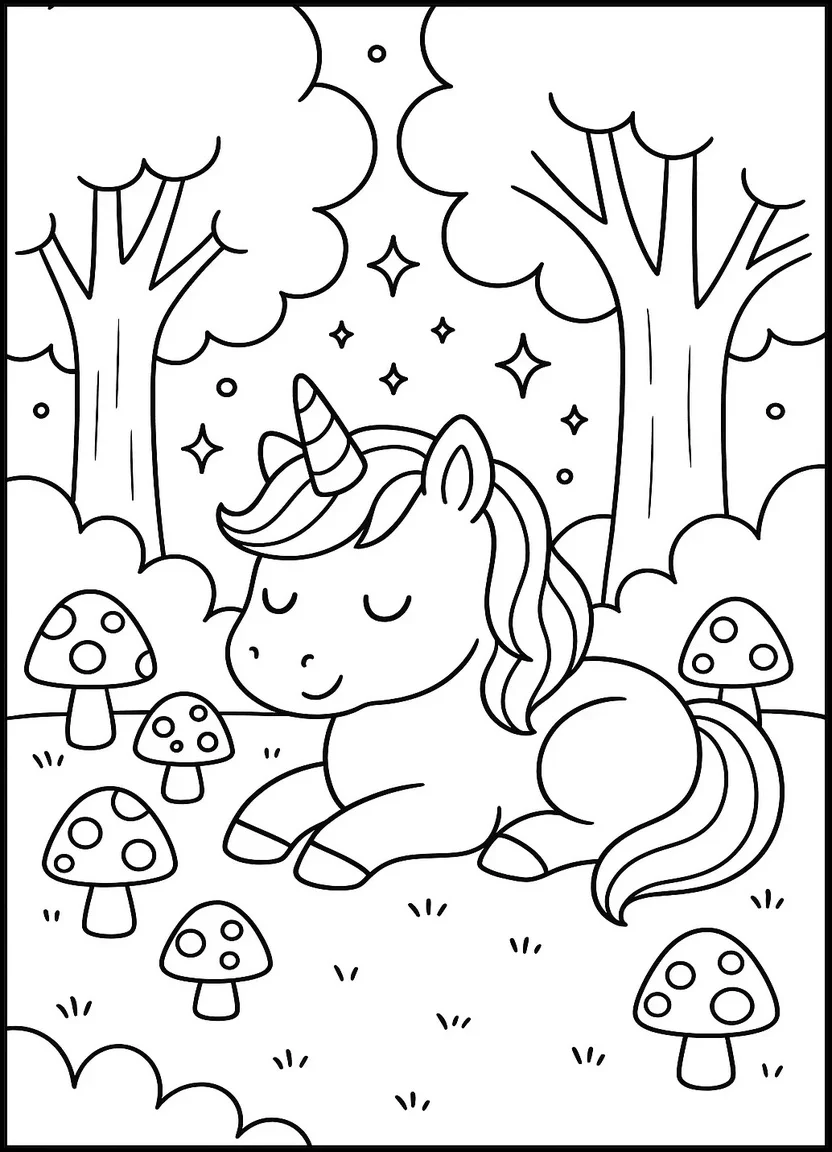 Unicorn in enchanted forest coloring page
