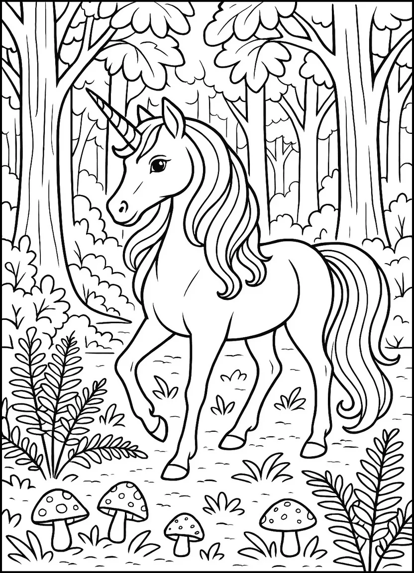 Unicorn in forest scene coloring page