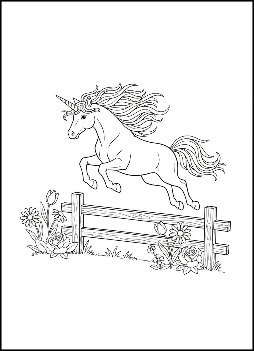 Unicorn jumping over fence coloring page