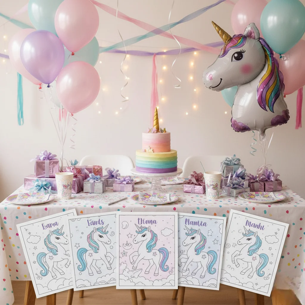 Unicorn name placeholders on a party table