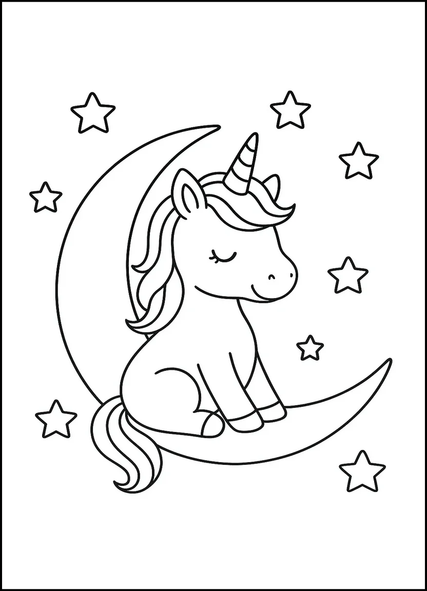 Unicorn on crescent moon coloring page