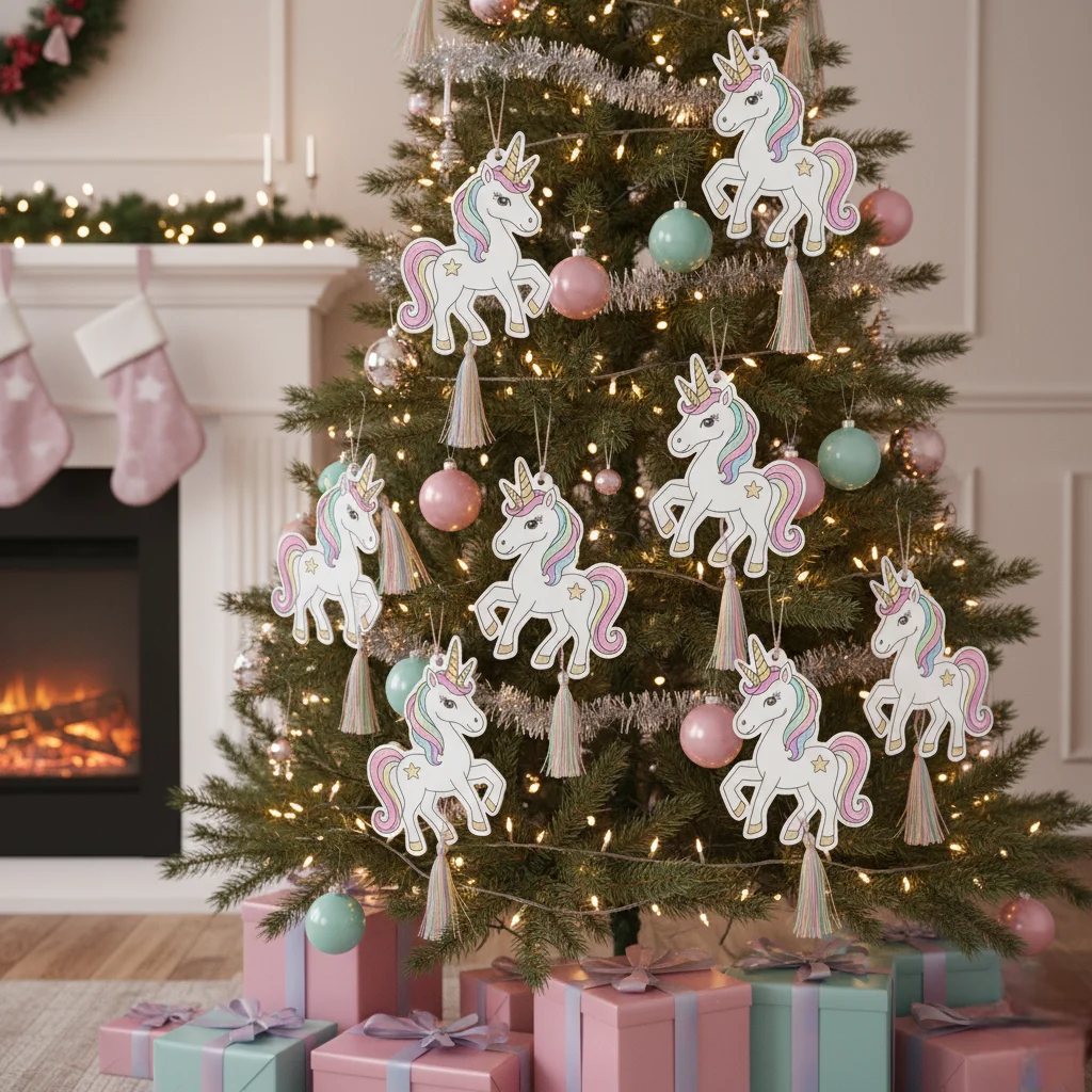 Unicorn ornaments hanging on a Christmas tree