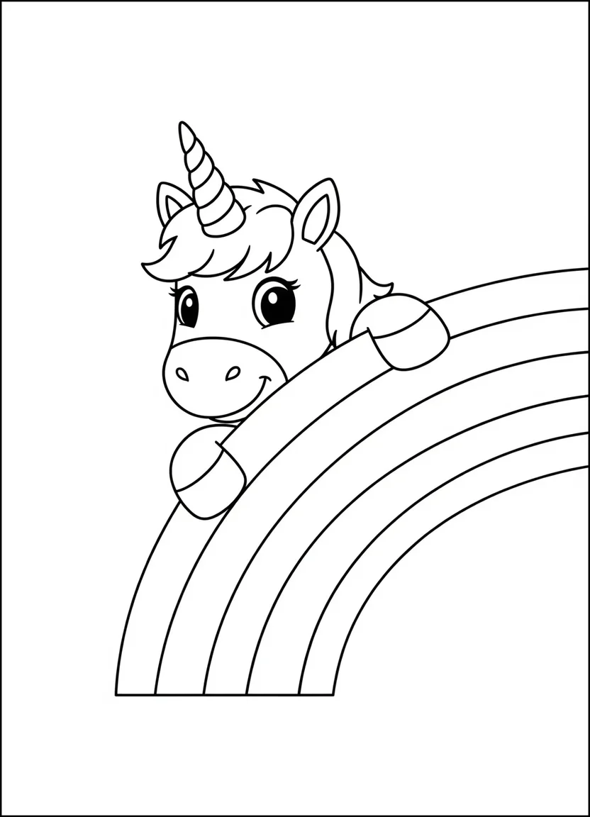 Unicorn peeking from rainbow coloring page