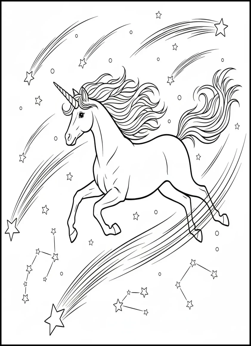 Unicorn racing with shooting stars coloring page