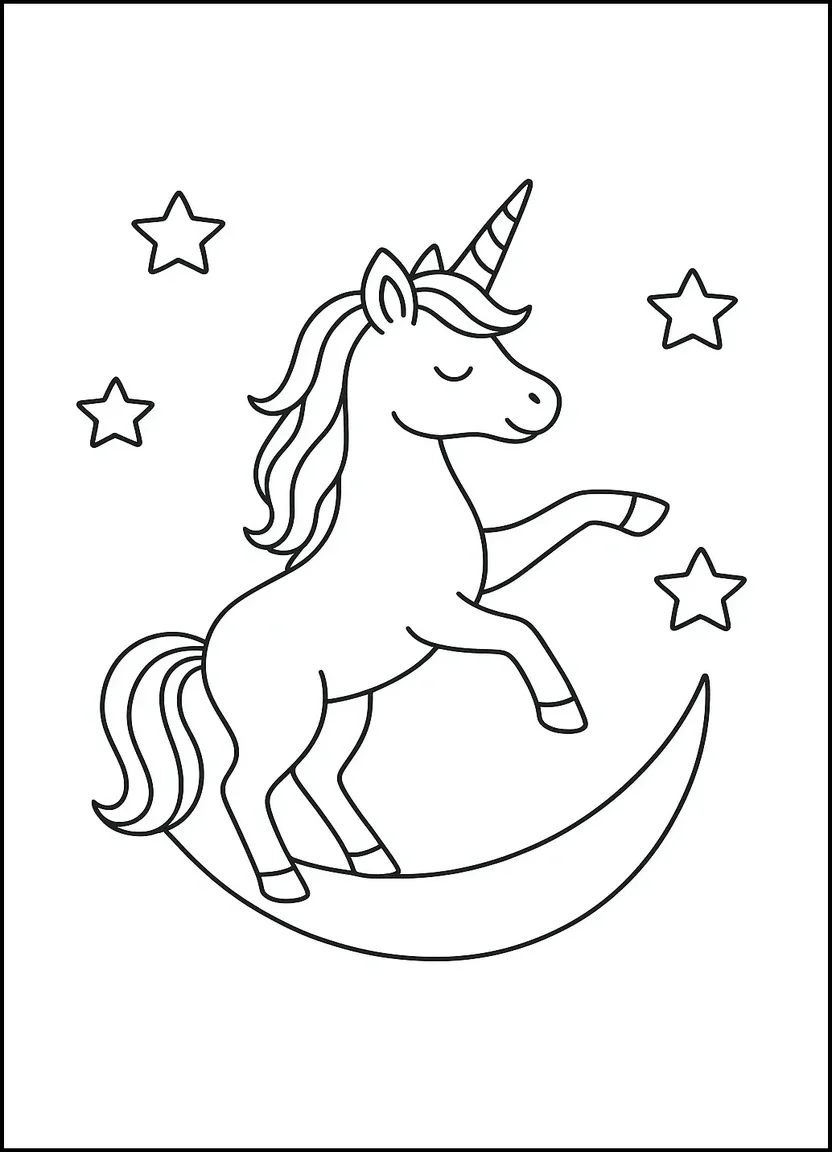 Unicorn reaching for stars coloring page