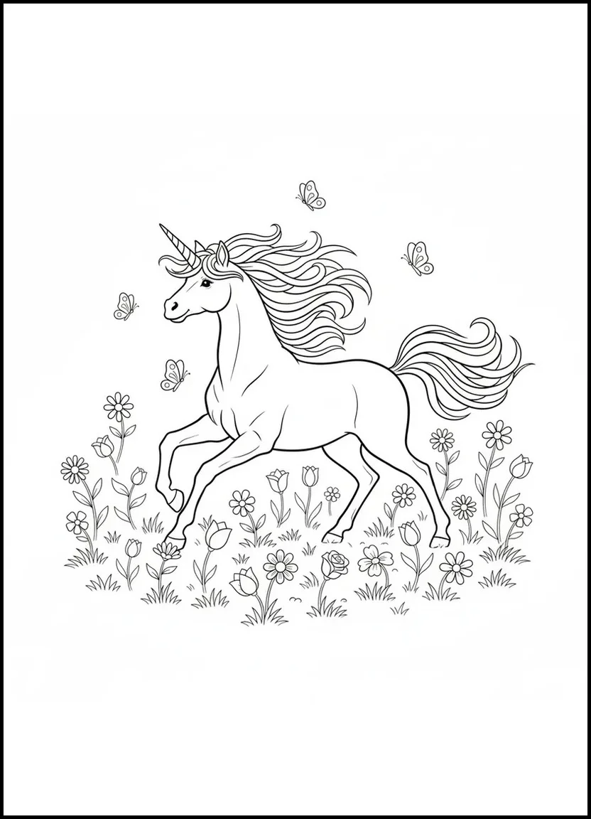 Unicorn running through fields coloring page