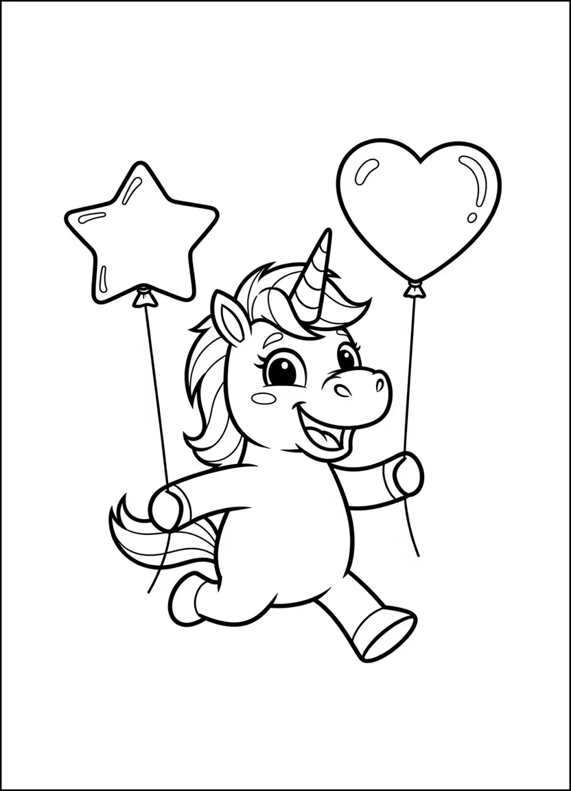 Unicorn running with balloons coloring page