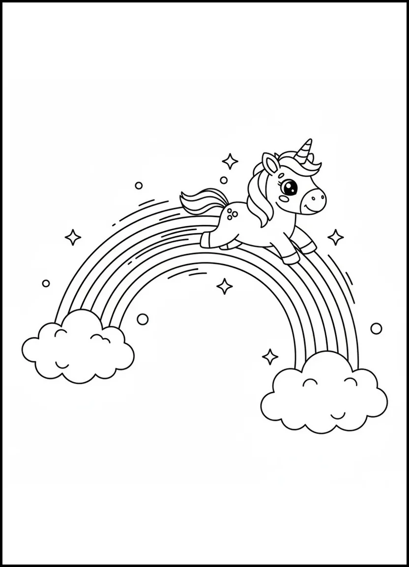 Unicorn sliding on rainbow coloring page