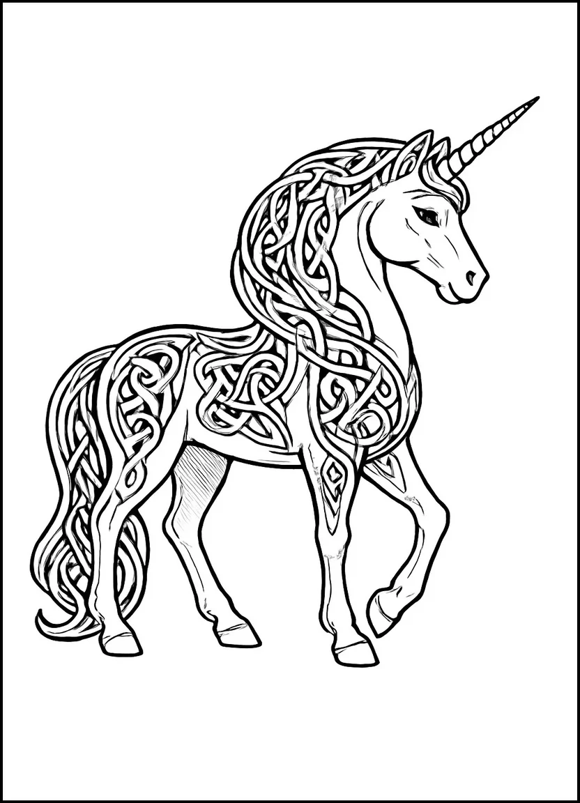 Unicorn with Celtic patterns coloring page