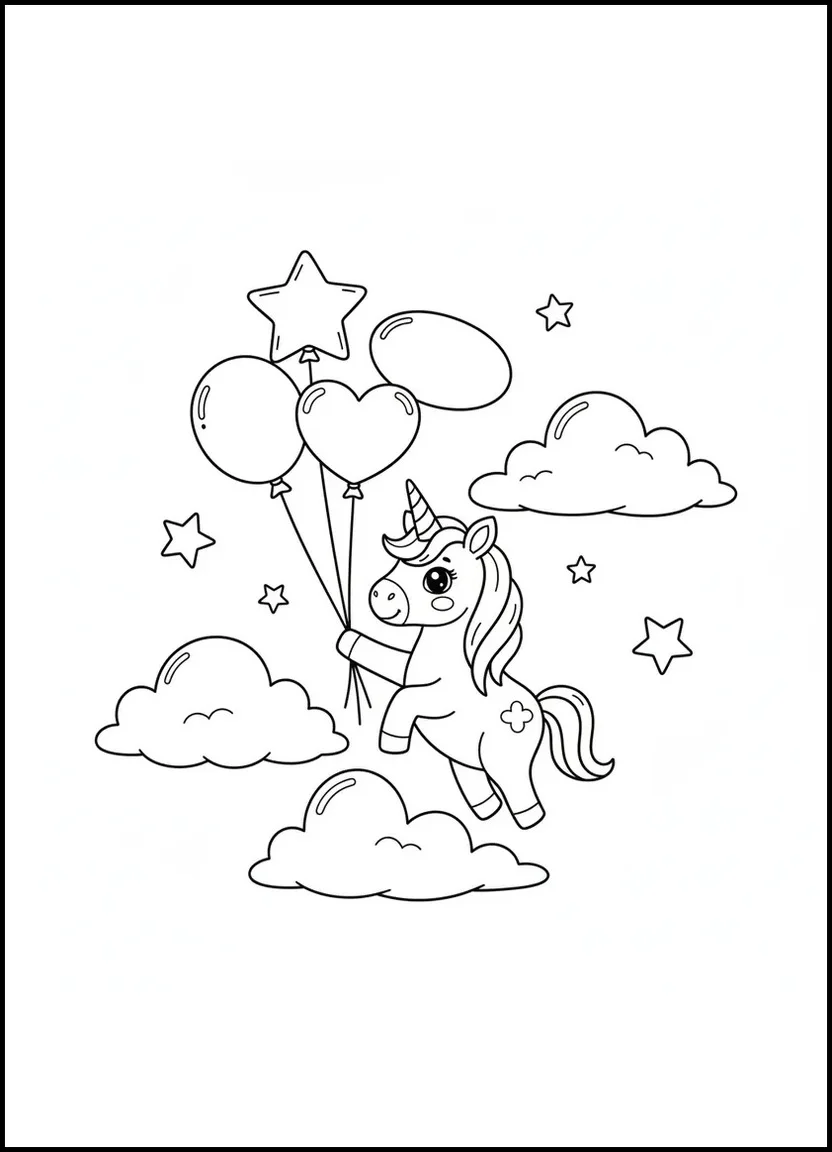 Unicorn with balloons coloring page