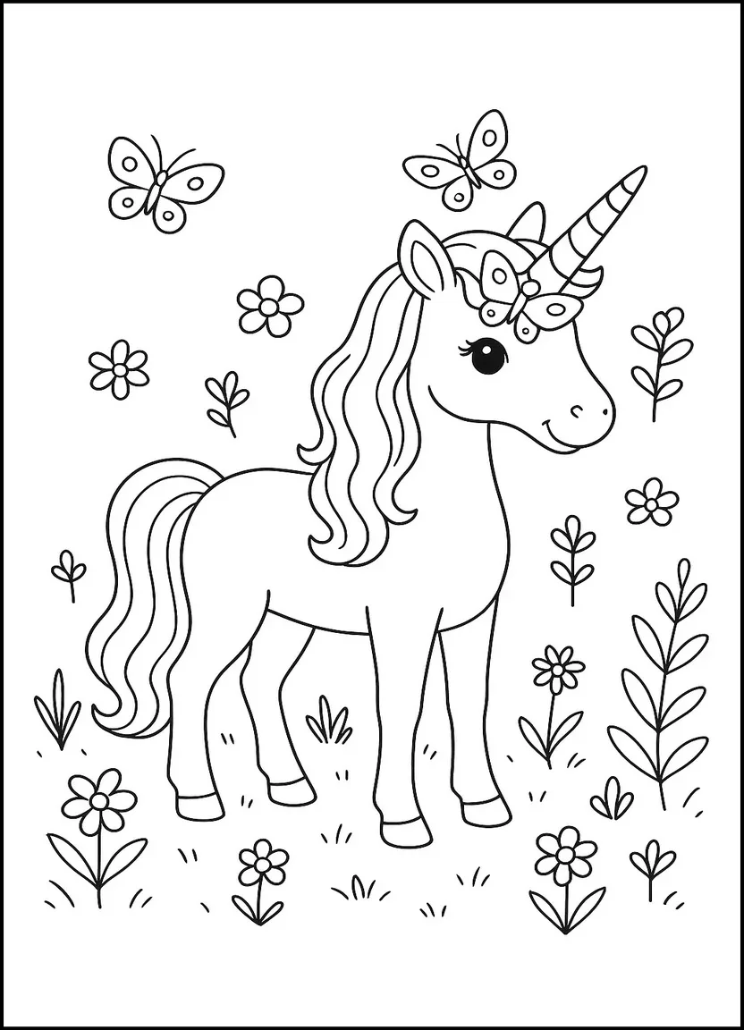 Unicorn with butterfly companions coloring page