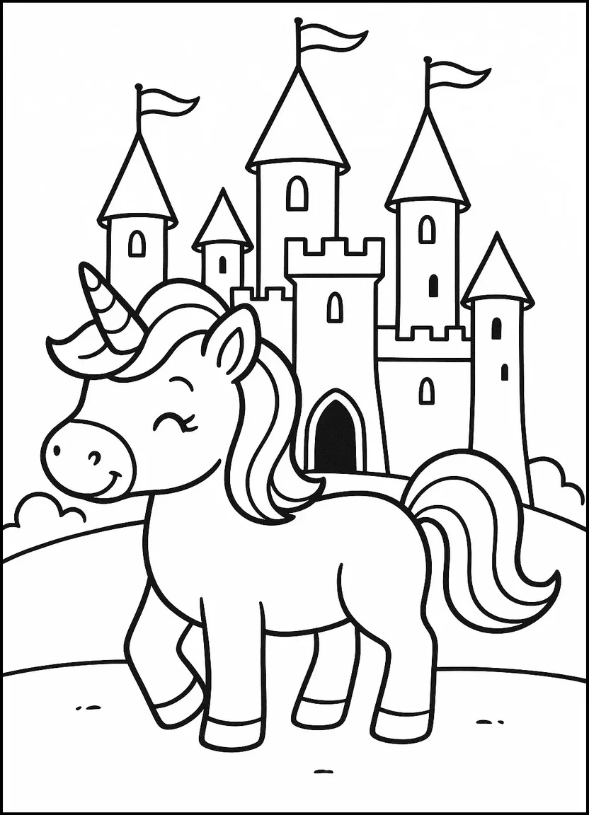 Unicorn with castle coloring page