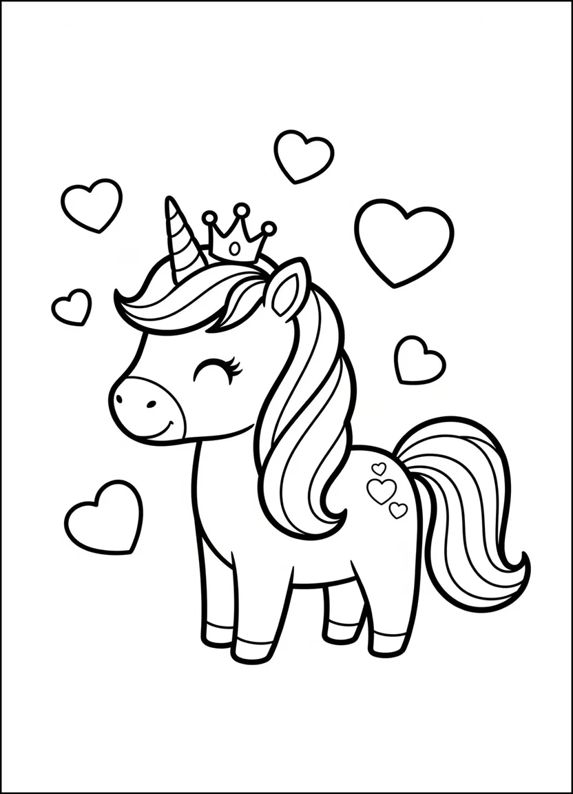 Unicorn with crown and hearts coloring page