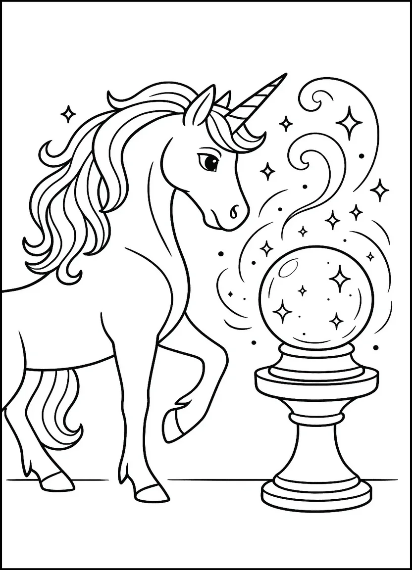 Unicorn with crystal ball coloring page