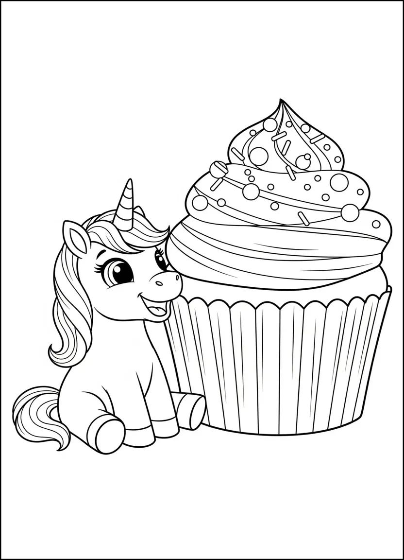 Unicorn with cupcake coloring sheet for kids