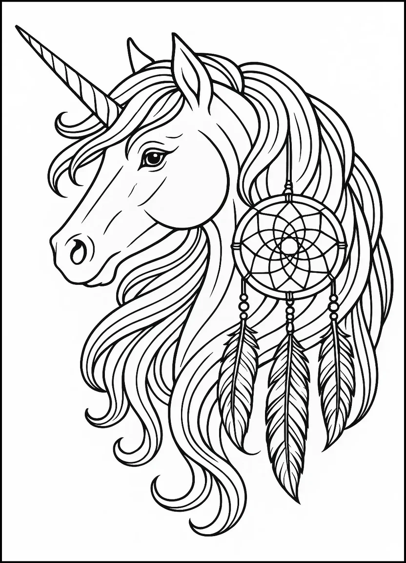 Unicorn with dreamcatcher coloring page