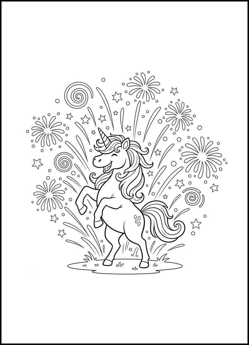 Unicorn with fireworks coloring page.