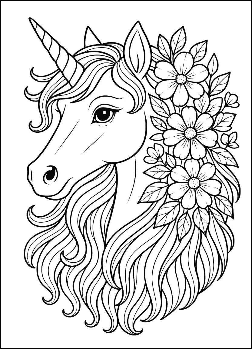 Unicorn with flowers in mane coloring page