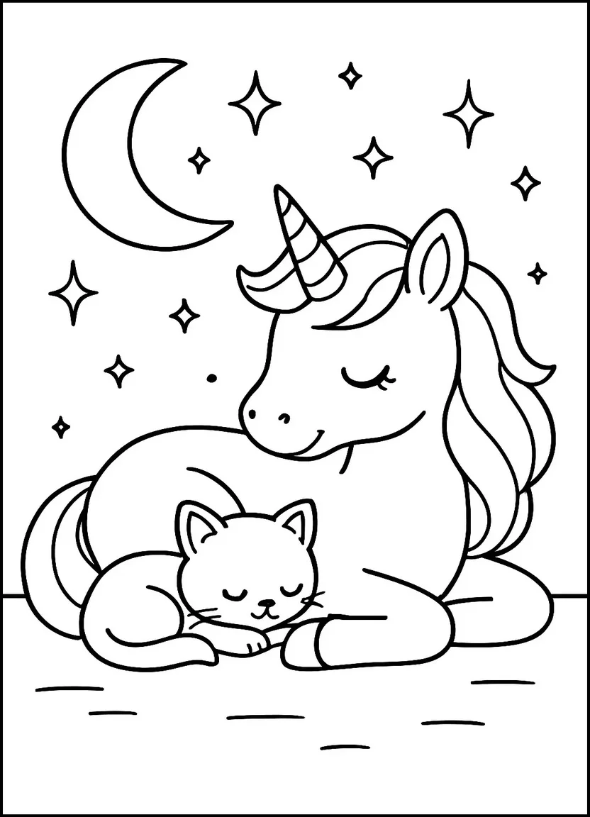 Unicorn with kitten friend coloring page