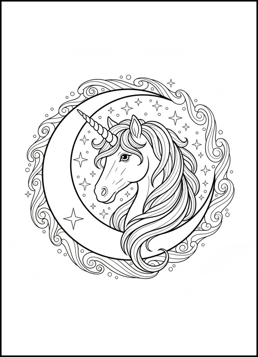 Unicorn with moon and stars coloring page