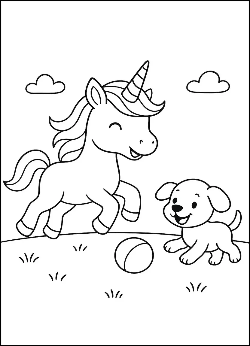 Unicorn with puppy friend coloring page