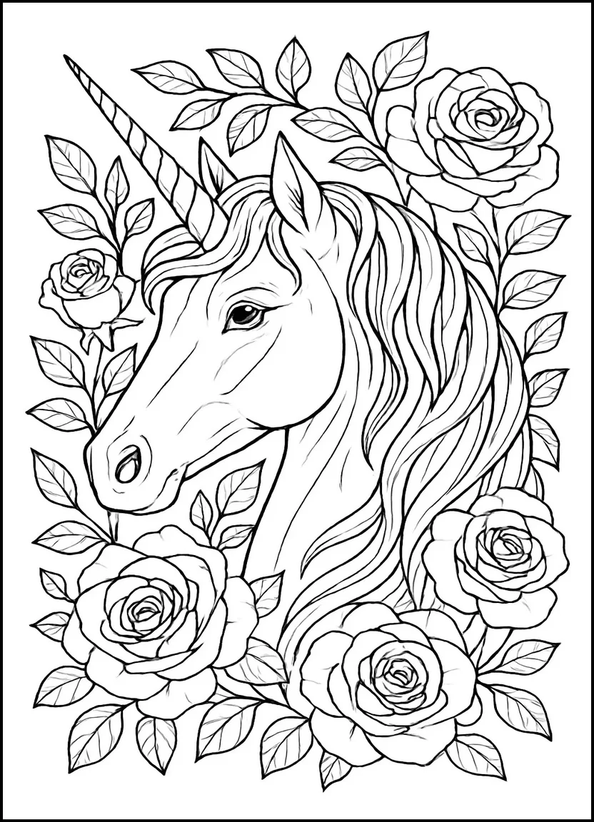 Unicorn with roses border coloring page