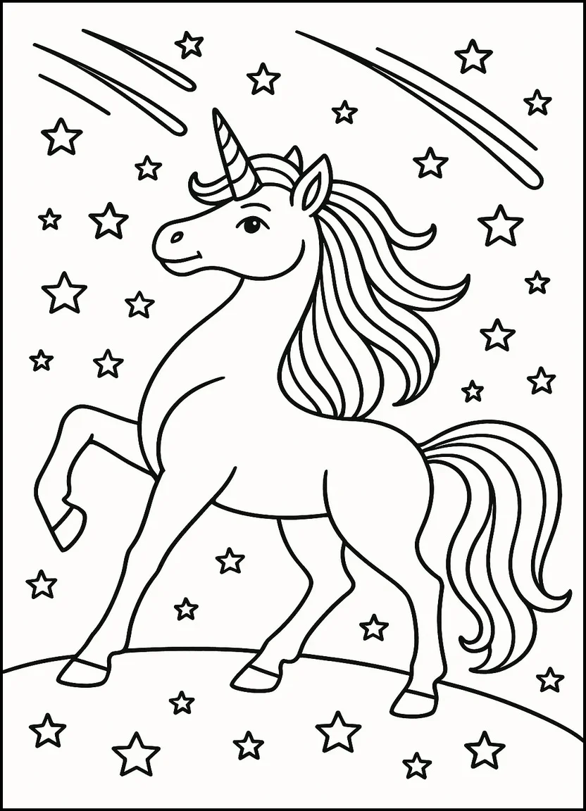Unicorn with shooting stars coloring sheet