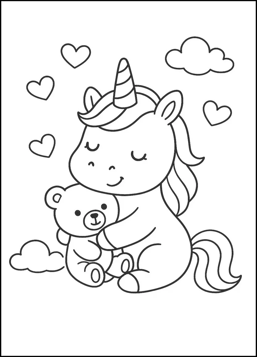 Unicorn with teddy bear coloring page