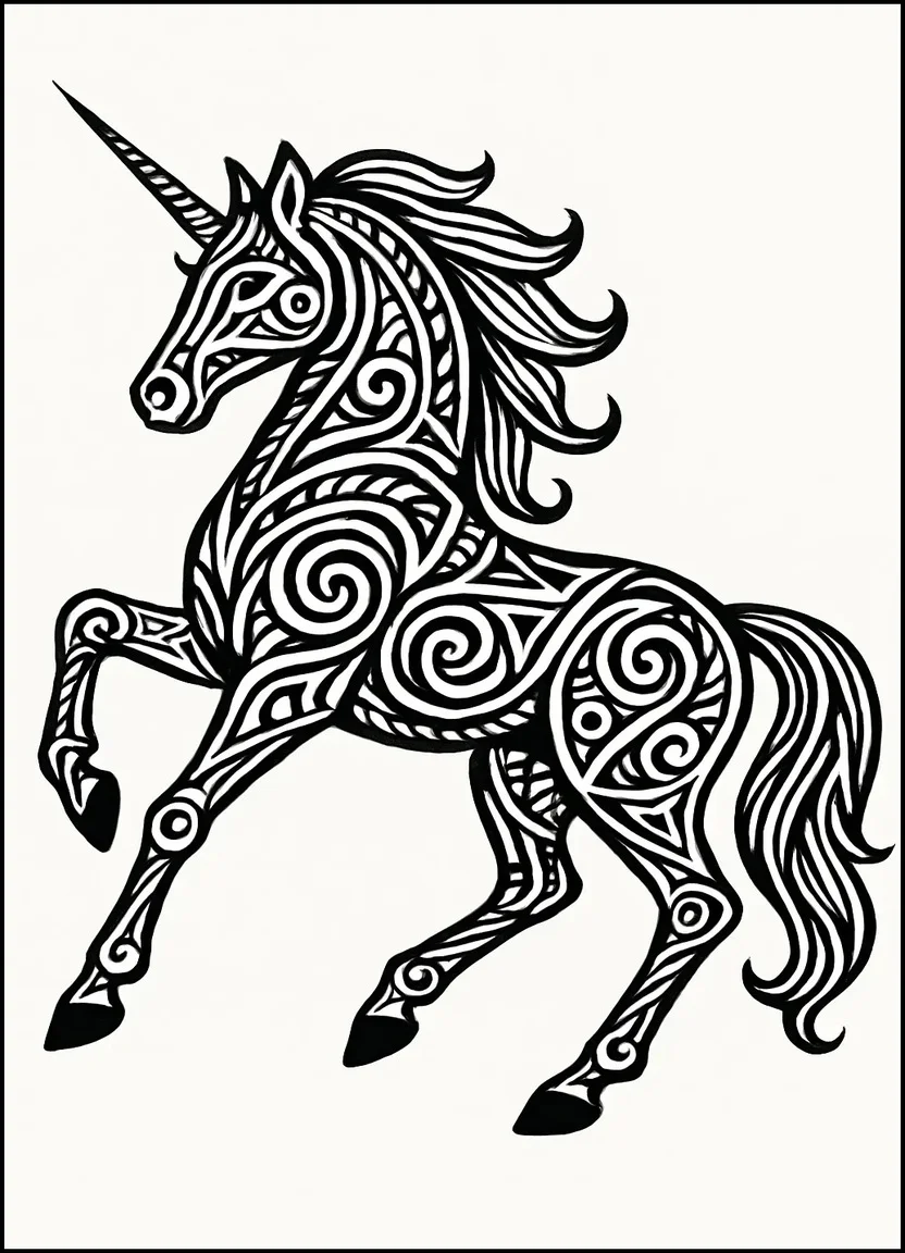 Unicorn with tribal patterns coloring page