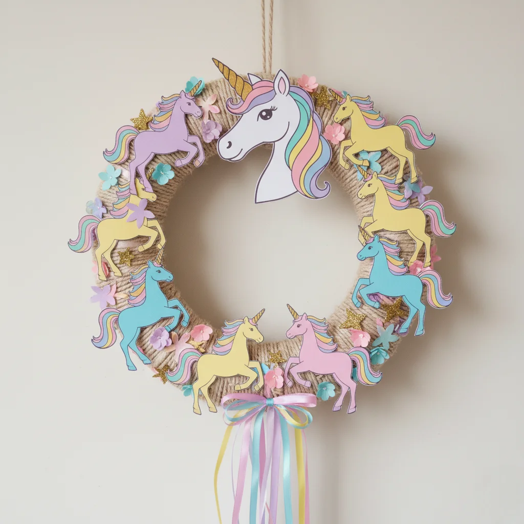Unicorn wreath made from decorated coloring pages