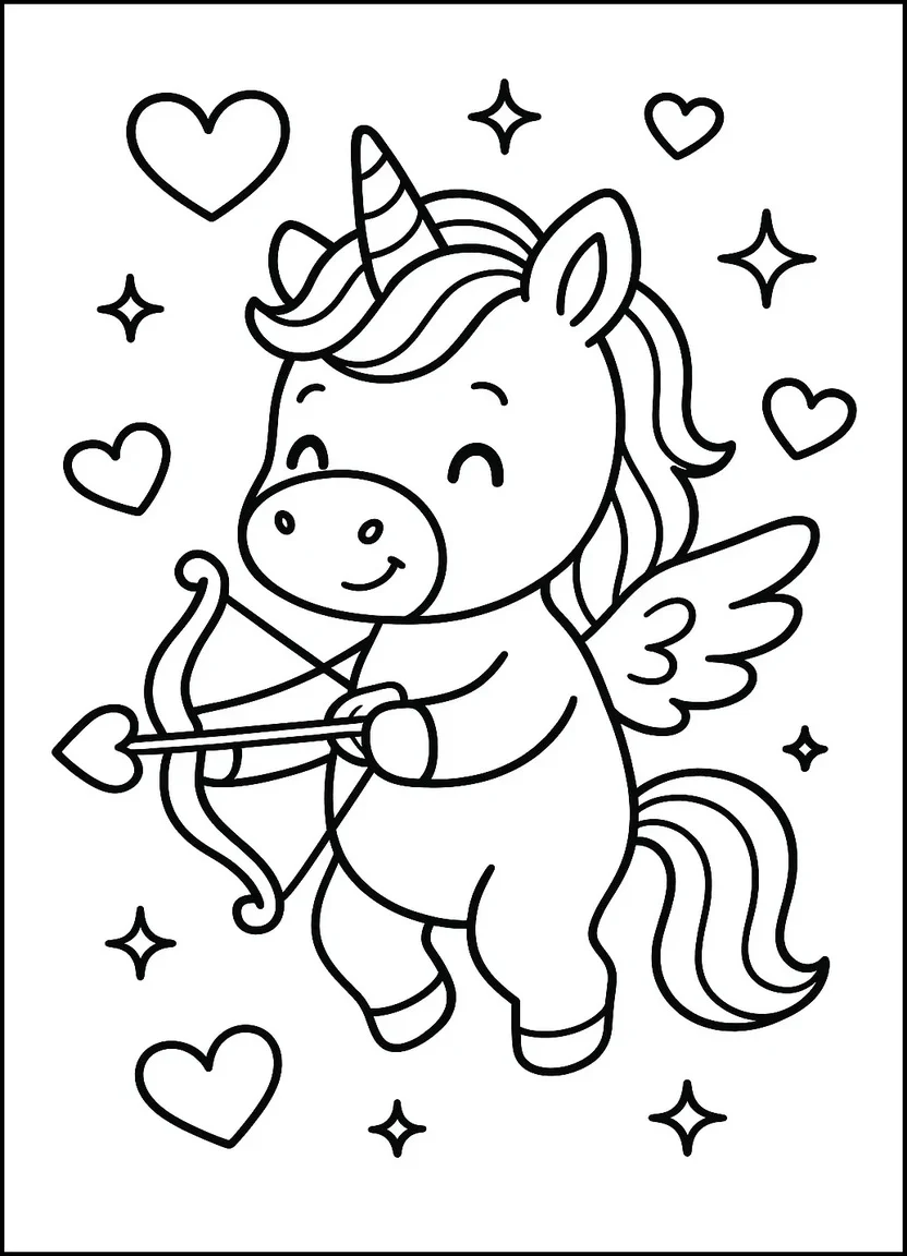 Valentine’s unicorn cupid coloring page