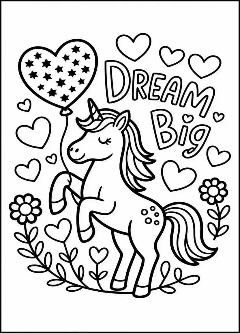 Valentines unicorn with hearts coloring page