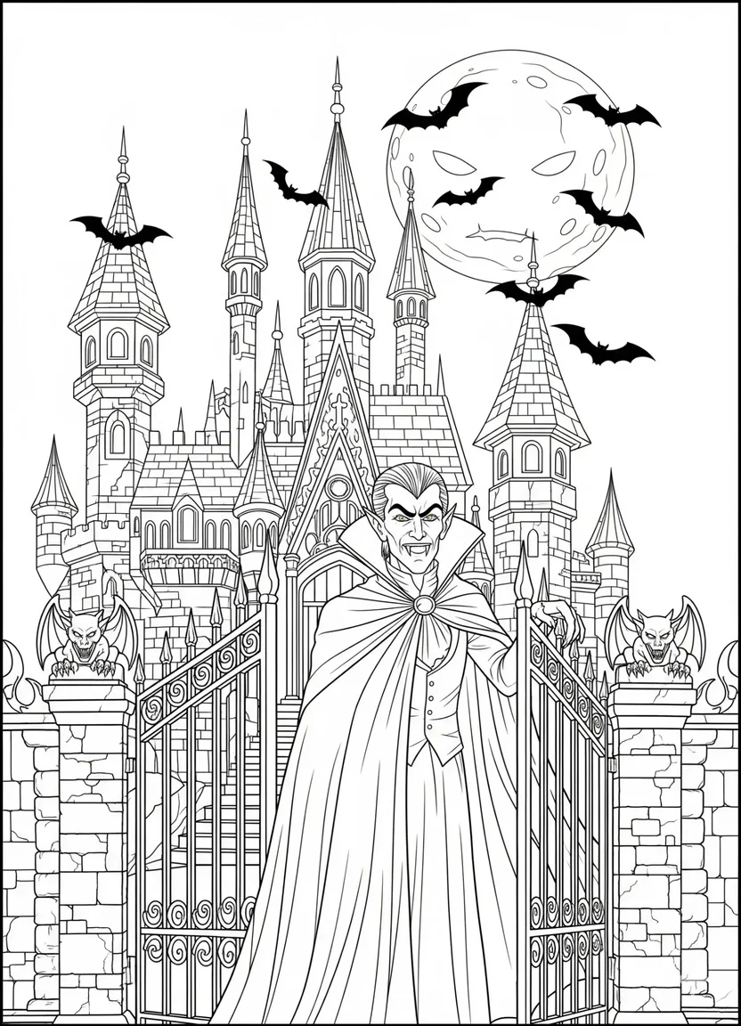 Vampire at haunted castle coloring page