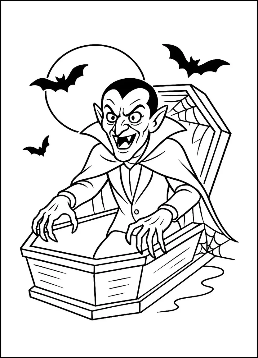 Vampire rising from coffin coloring page