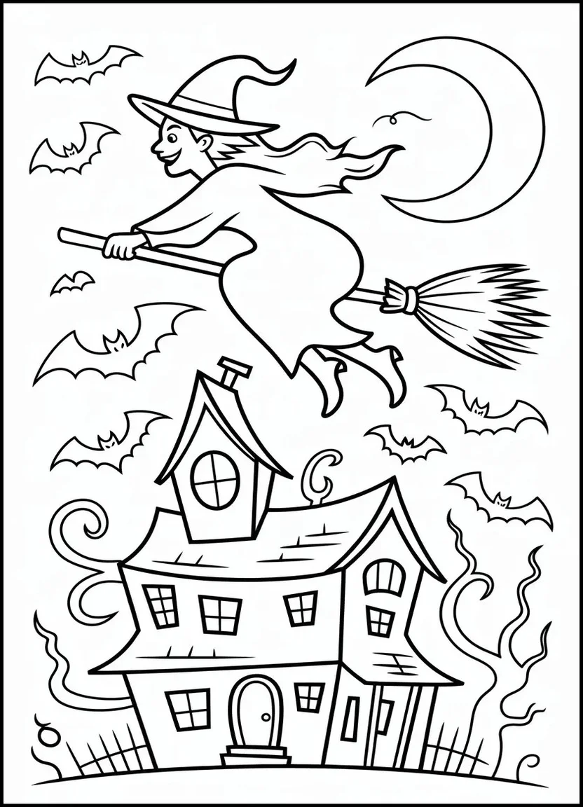 Witch flying over haunted house coloring page