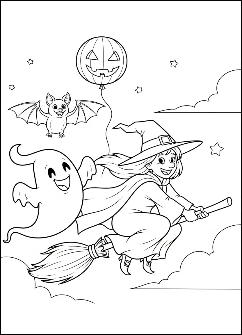 Witch flying with ghost and bat friends coloring page