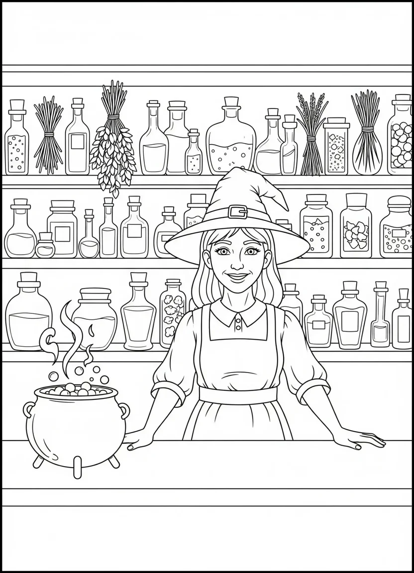 Witch in potion shop coloring page