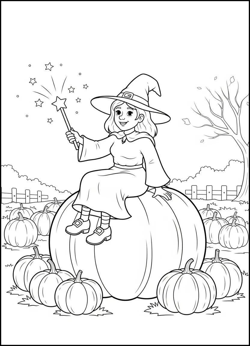 Witch sitting on a pumpkin patch coloring page